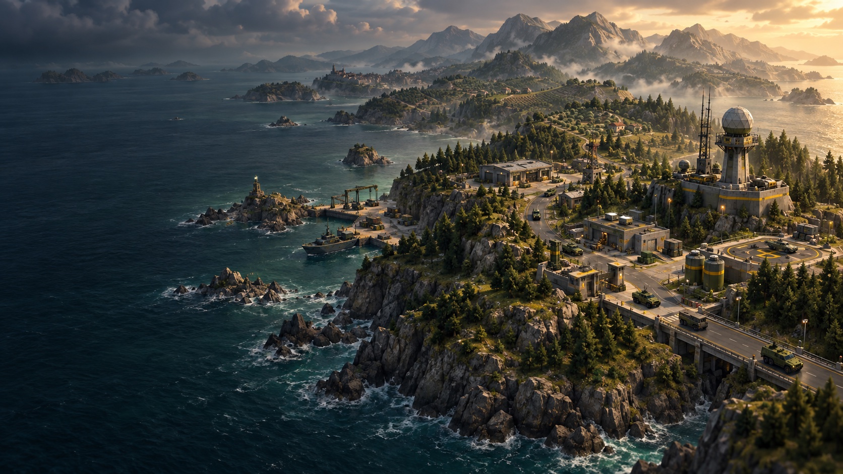 Concept artwork of a coastal Real Command outpost, with forests, roads, radar and a harbour.